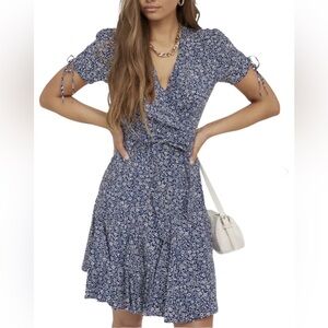 Polo Ralph Lauren Blue Floral Short Sleep Nami Crepe Wrap Dress 0